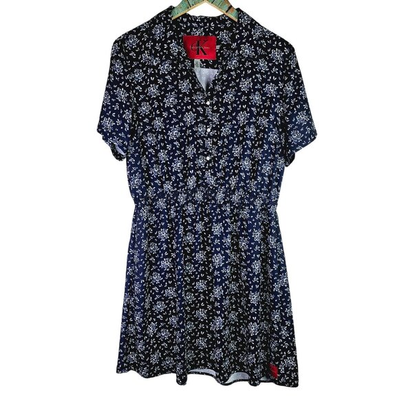 CK Calvin Klein Collared Floral Short Button Front Casual Dress, Sz L - Picture 1 of 7